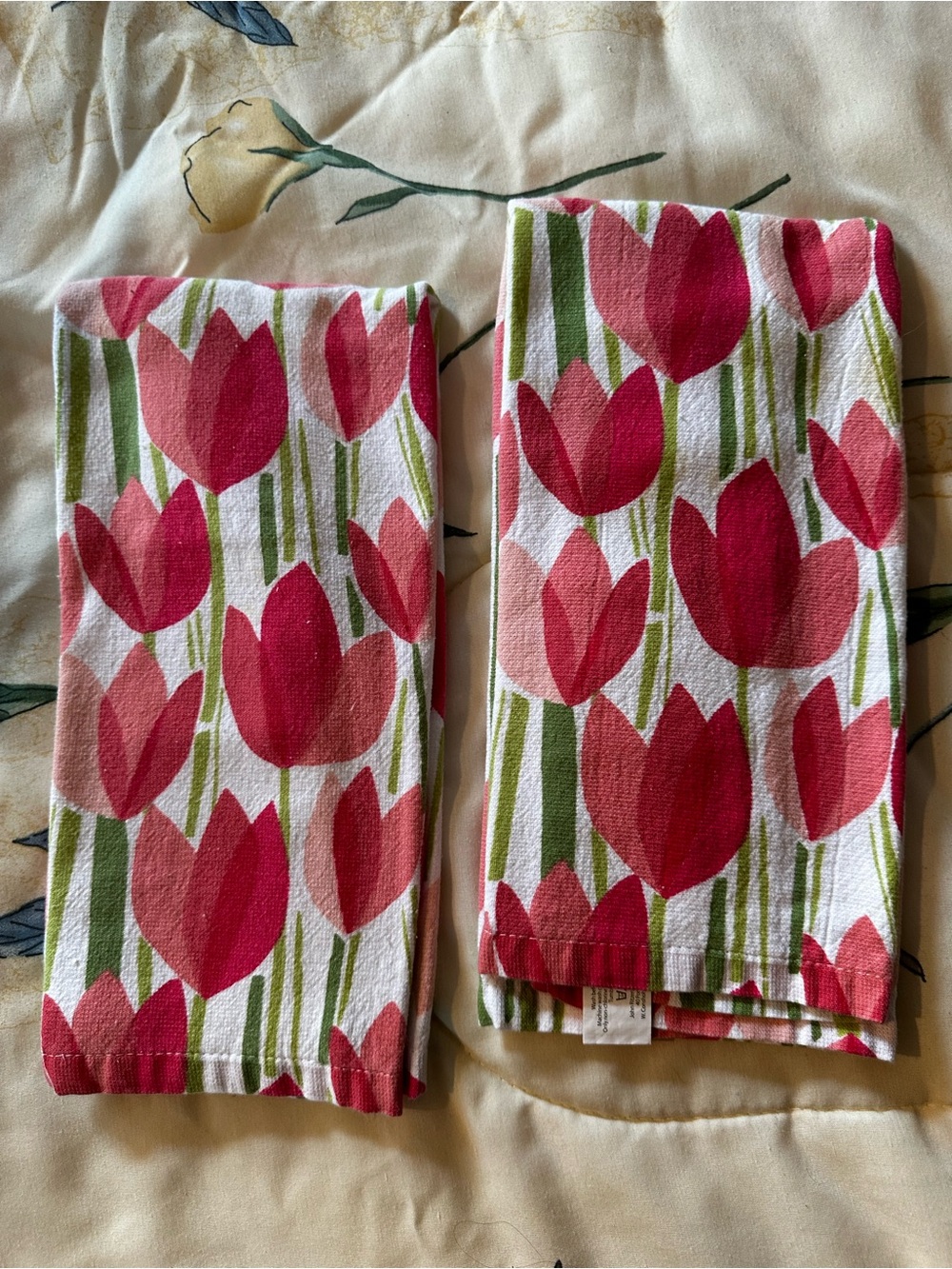 Floral Tulip Print Kitchen Towels - Pink & Green